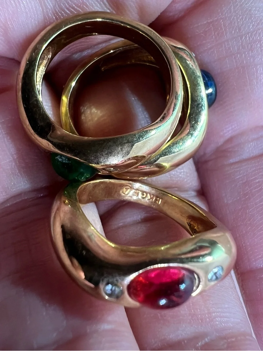 18K gold electroplate Trio Multi-Stone Cocktail Rings - Red Blue Green